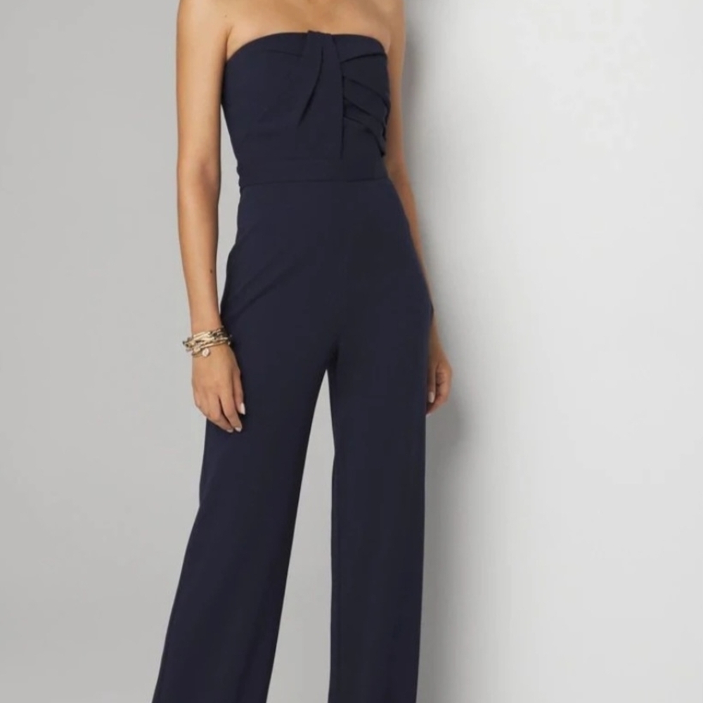 White House Black Market Strapless Navy Wide-Leg Jumpsuit